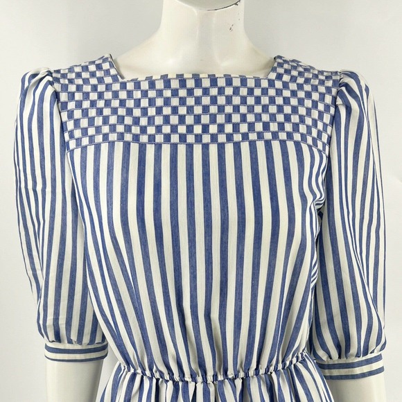 VTG Kathy J Dress 8 Blue White Striped Puff Shoulder Embroidered Elastic Waist - Picture 2 of 6